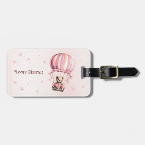 Watercolor Cute Pink Teddy Bear Hot Air Balloon Luggage Tag