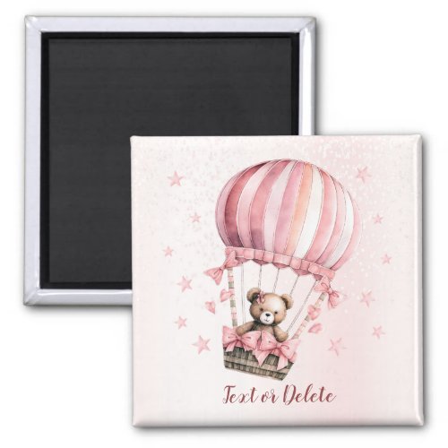 Watercolor Cute Pink Teddy Bear Hot Air Balloon Magnet