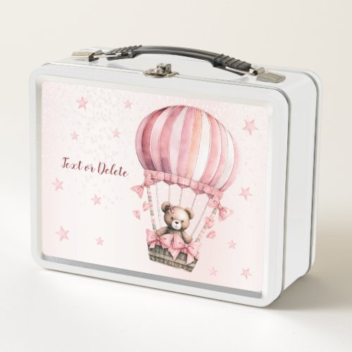 Watercolor Cute Pink Teddy Bear Hot Air Balloon Metal Lunch Box