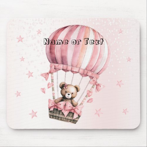 Watercolor Cute Pink Teddy Bear Hot Air Balloon Mouse Pad