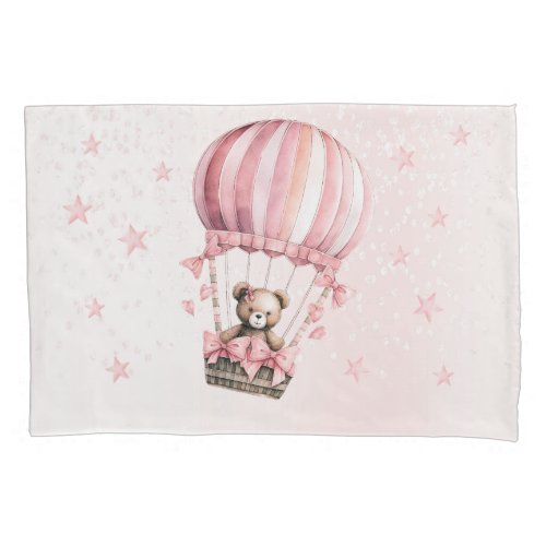 Watercolor Cute Pink Teddy Bear Hot Air Balloon Pillow Case