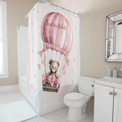 Watercolor Cute Pink Teddy Bear Hot Air Balloon Shower Curtain