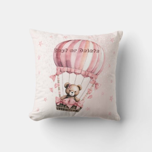 Watercolor Cute Pink Teddy Bear Hot Air Balloon Throw Pillow