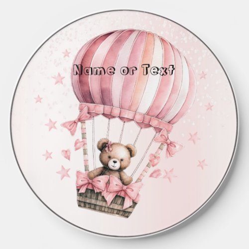 Watercolor Cute Pink Teddy Bear Hot Air Balloon Wireless Charger