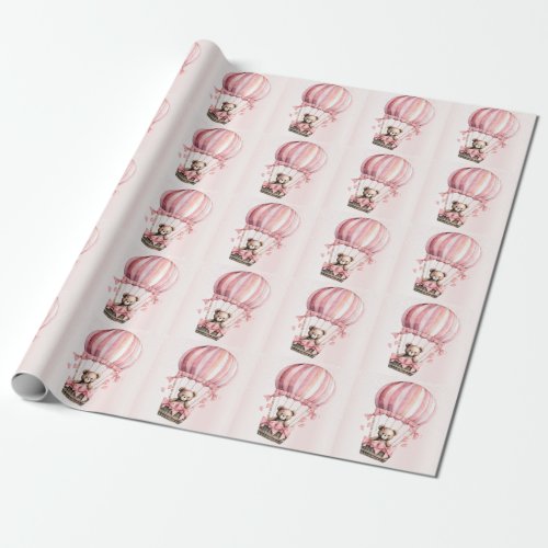 Watercolor Cute Pink Teddy Bear Hot Air Balloon Wrapping Paper