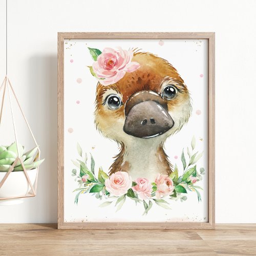 Watercolor Cute Platypus Blush Pink Floral Wall  Poster