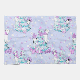Watercolor Cute Polar Bear and Penguin Christmas Kitchen Towel
