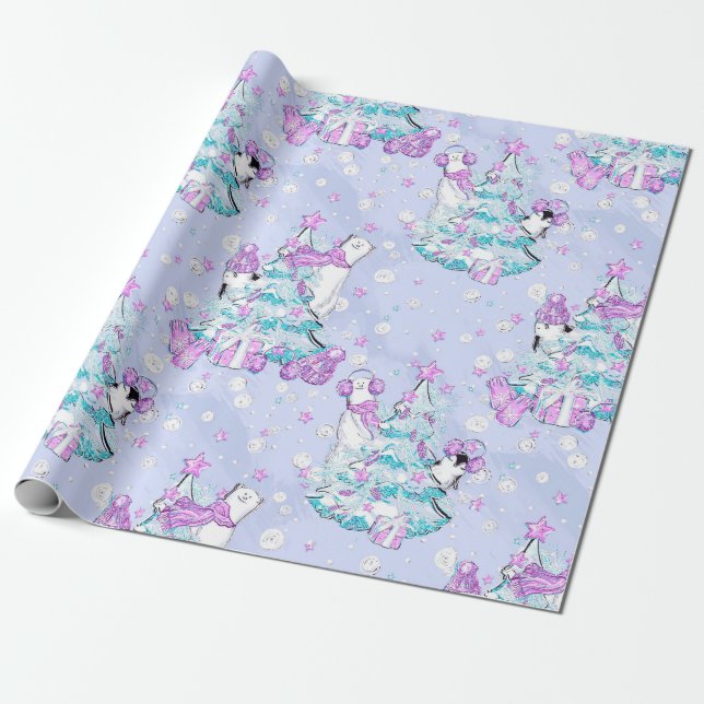 Watercolor Cute Polar Bear and Penguin Christmas Wrapping Paper (Unrolled)