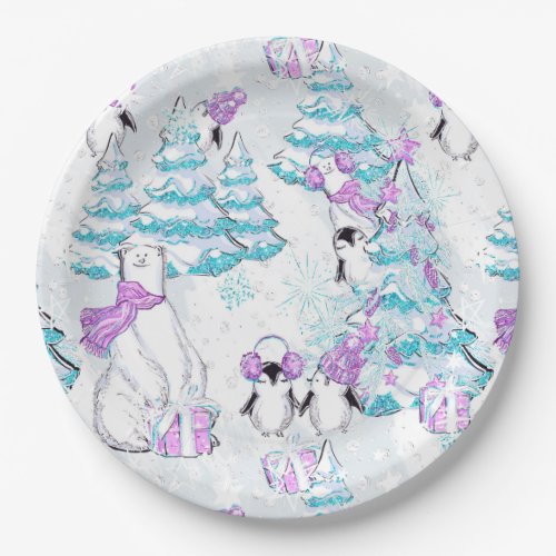 Watercolor Cute Polar Bear and Penguin Friends Paper Plates