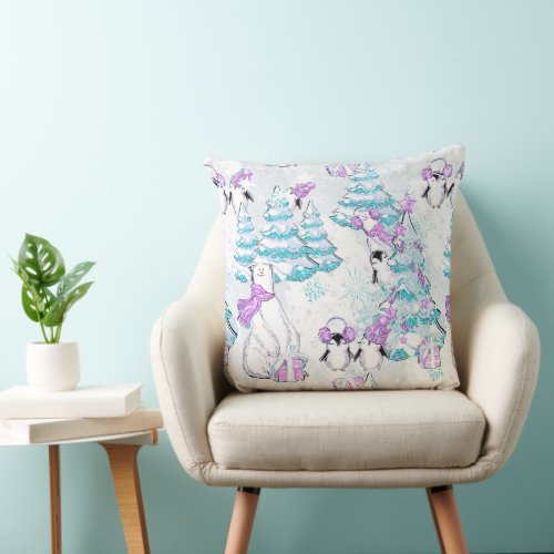 Watercolor Cute Polar Bear and Penguin Friends Throw Pillow