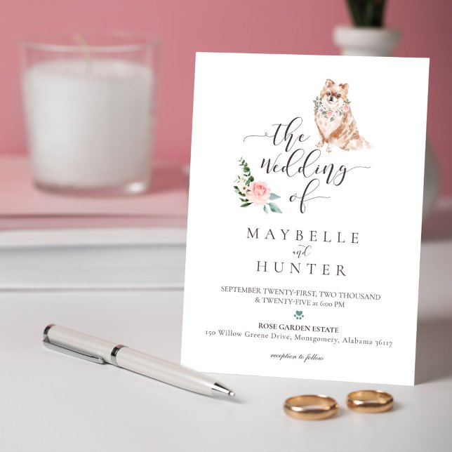 Watercolor Cute Pomeranian Pet & Floral Pink Rose Invitation (Creator Uploaded)