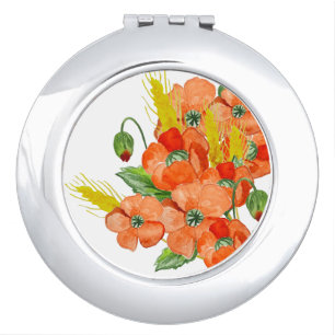 Watercolor cute poppy flowers compact mirror