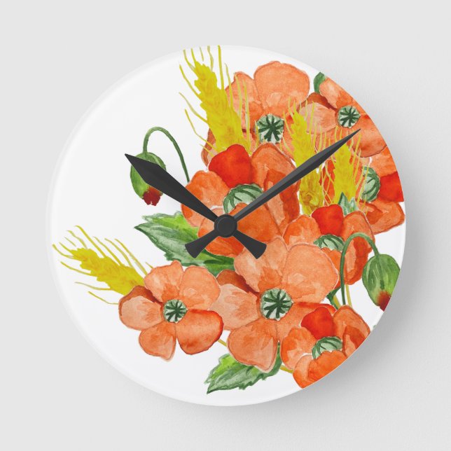 Watercolor cute poppy flowers round clock (Front)