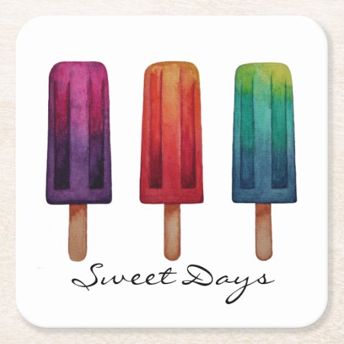 Watercolor Cute Popsicle Ice Creams Square Paper Coaster