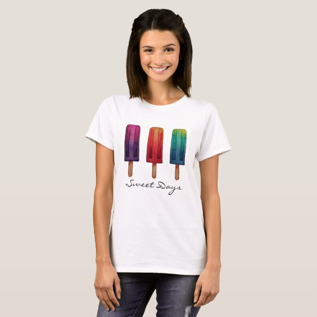 Watercolor Cute Popsicle Ice Creams T-Shirt (Front Full)