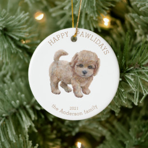 Watercolor Cute Puppy Happy Pawliday Ceramic Ornament
