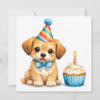 Watercolor Cute Puppy with Birthday Cupcake Card