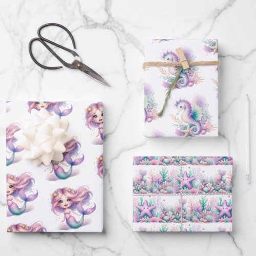 Watercolor cute purple and turquoise mermaid wrapping paper sheets