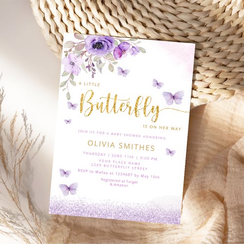 Watercolor Cute Purple Butterfly Girl Baby Shower Invitation