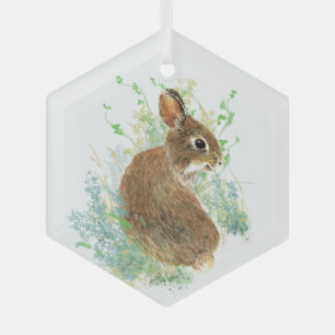 Watercolor Cute Rabbit Bunny Animal Nature Art Glass Ornament
