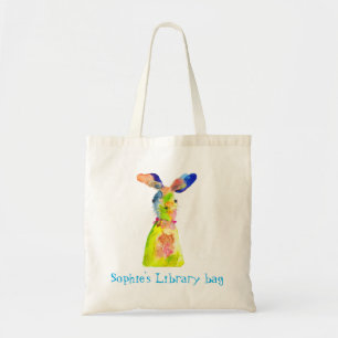 Watercolor cute rabbit bunny library name tote bag