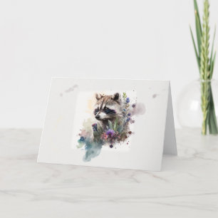 Watercolor Cute Raccoon Spring Flowers Card