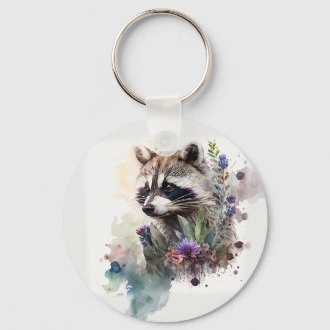 Watercolor Cute Raccoon Spring Flowers         Keychain (Front)
