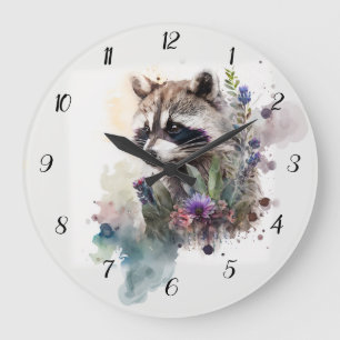 Watercolor Cute Raccoon Spring Flowers Large Clock