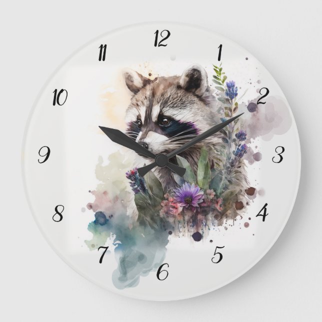 Watercolor Cute Raccoon Spring Flowers       Large Clock (Front)