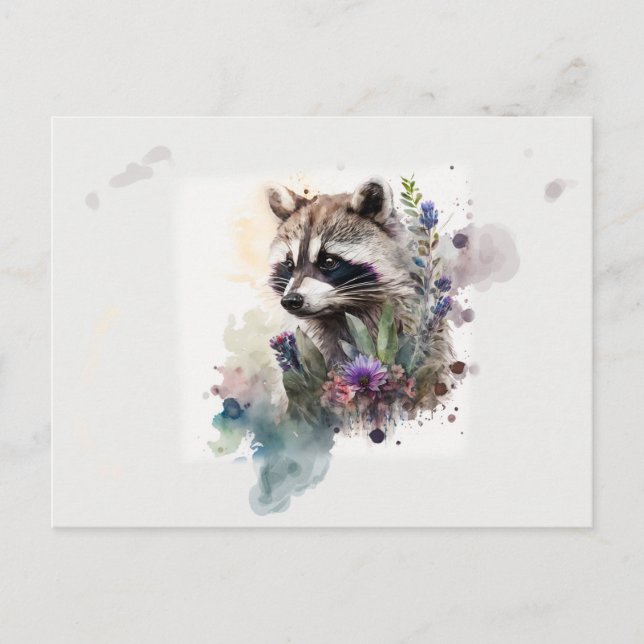 Watercolor Cute Raccoon Spring Flowers         Postcard (Front)