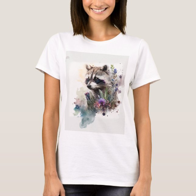 Watercolor Cute Raccoon Spring Flowers        T-Shirt (Front)