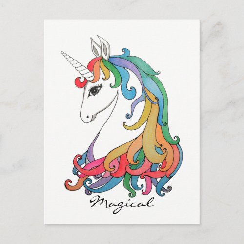 Watercolor cute rainbow unicorn postcard