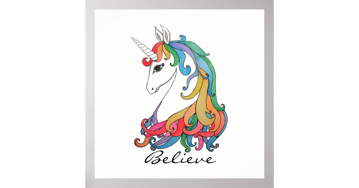 Watercolor cute rainbow unicorn poster | Zazzle