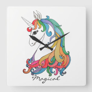 Watercolor cute rainbow unicorn square wall clock