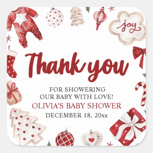 Watercolor Cute Red Christmas Winter Baby Shower Square Sticker