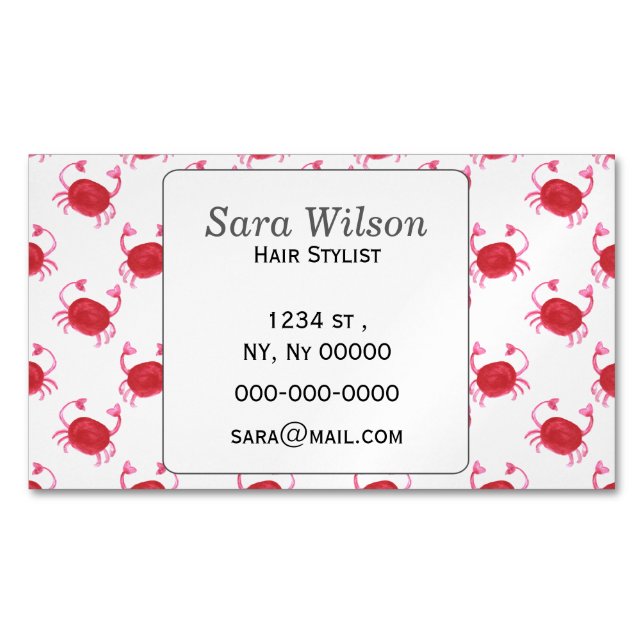 watercolor cute red crabs beach design magnetic business card (Front)