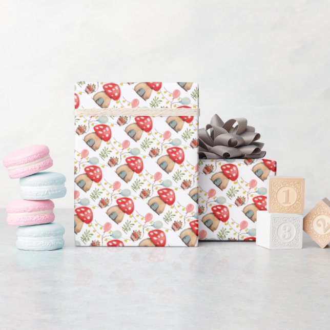 Watercolor Cute Red Muschrooms Illustration Wrapping Paper (Baby Shower)