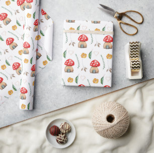 Watercolor Cute Red Muschrooms Illustration Wrapping Paper