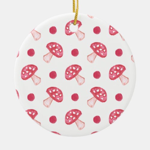 watercolor cute red mushrooms and polka dots ceramic ornament
