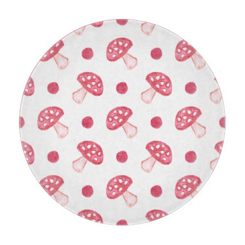 watercolor cute red mushrooms and polka dots cutting board