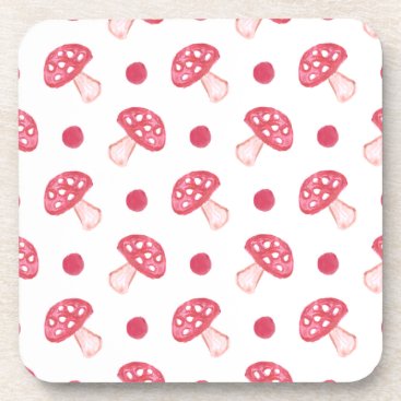 watercolor cute red mushrooms and polka dots drink coaster