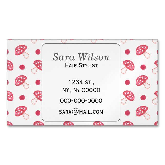 watercolor cute red mushrooms and polka dots magnetic business card (Front)