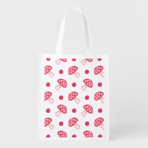watercolor cute red mushrooms and polka dots reusable grocery bag