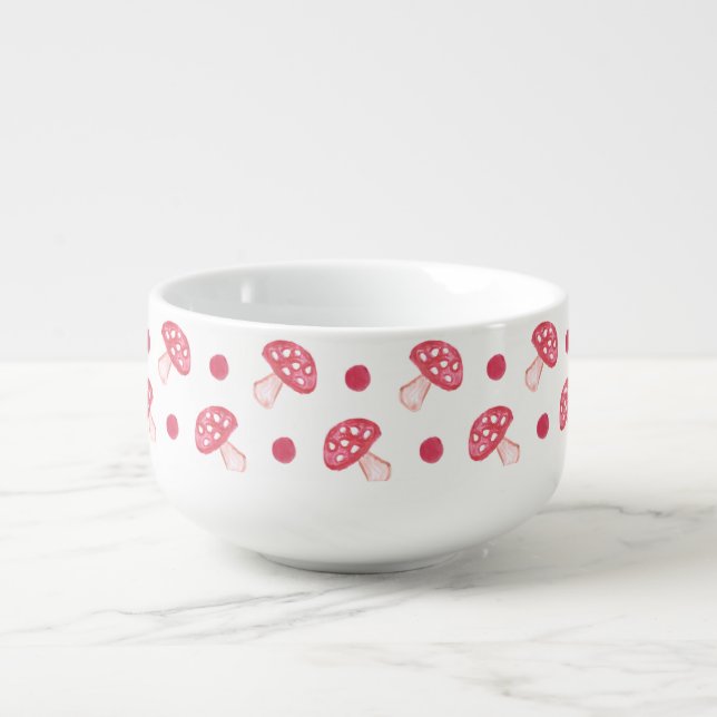 watercolor cute red mushrooms and polka dots soup mug (Front)