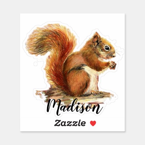 Watercolor Cute Red Squirrel  Animal Custom Name Sticker