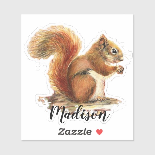 Watercolor Cute Red Squirrel  Animal Custom Name Sticker (Sheet)