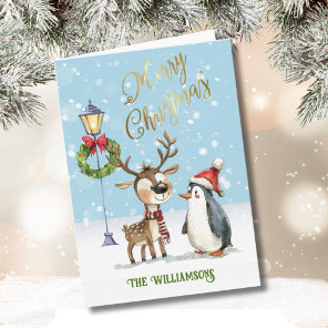 Watercolor Cute Reindeer Christmas Tree  Card