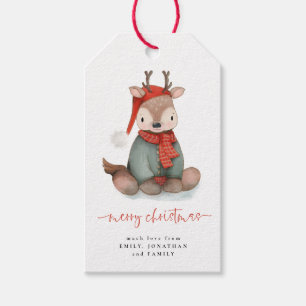 Watercolor Cute Reindeer Merry Christmas Name Gift Tags