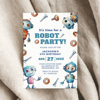 Watercolor Cute Robot Kids Birthday Invitation