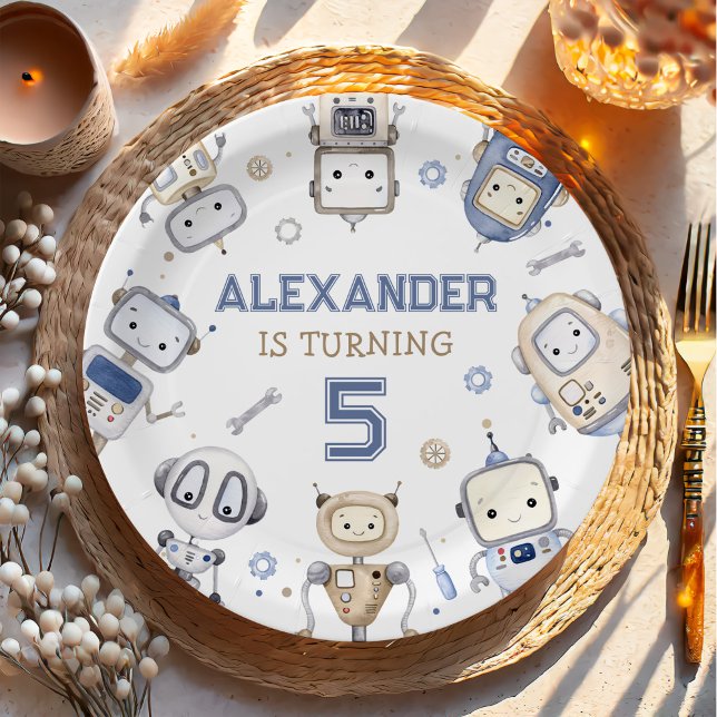 Watercolor Cute Robot Kids Birthday Party Paper Plates (Creator Uploaded)
